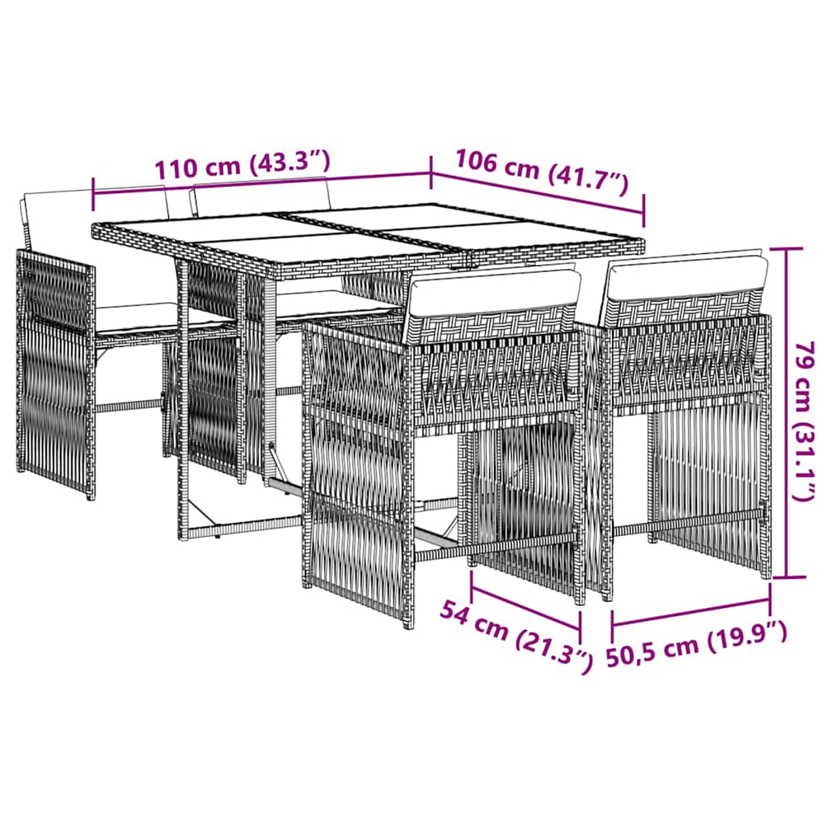 Set da giardino in vimini: tavolo (110x106cm) e quattro sedie (54x50.5cm, 79cm alte).