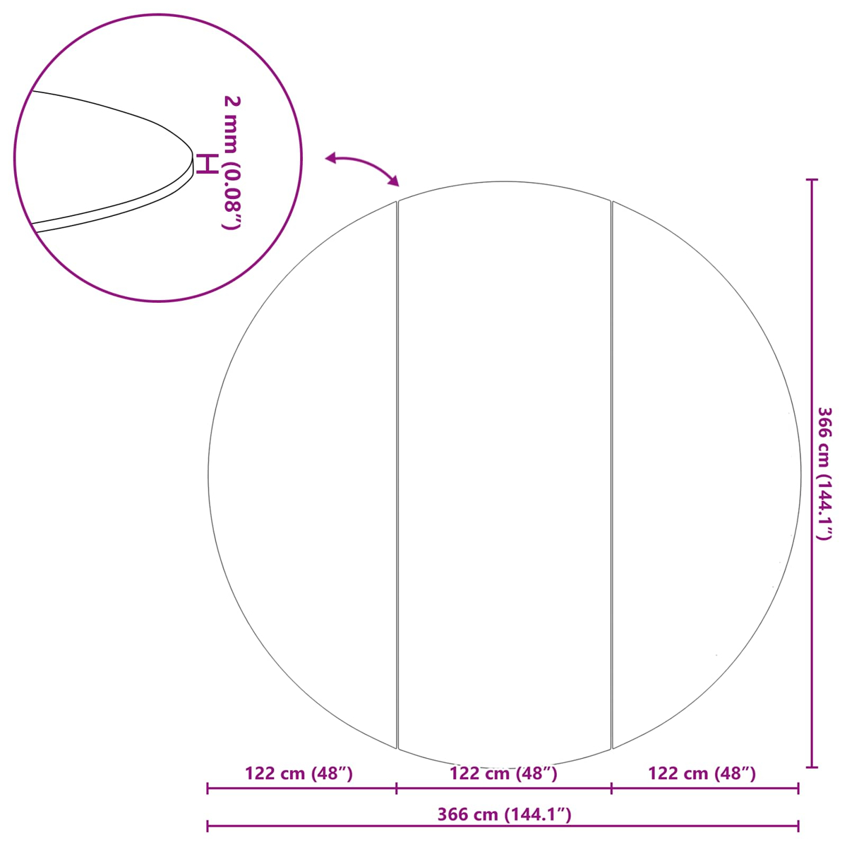 Ein Kreis mit 366 cm Durchmesser, unterteilt in drei vertikale Abschnitte. Randdetail mit 2 mm Dicke.