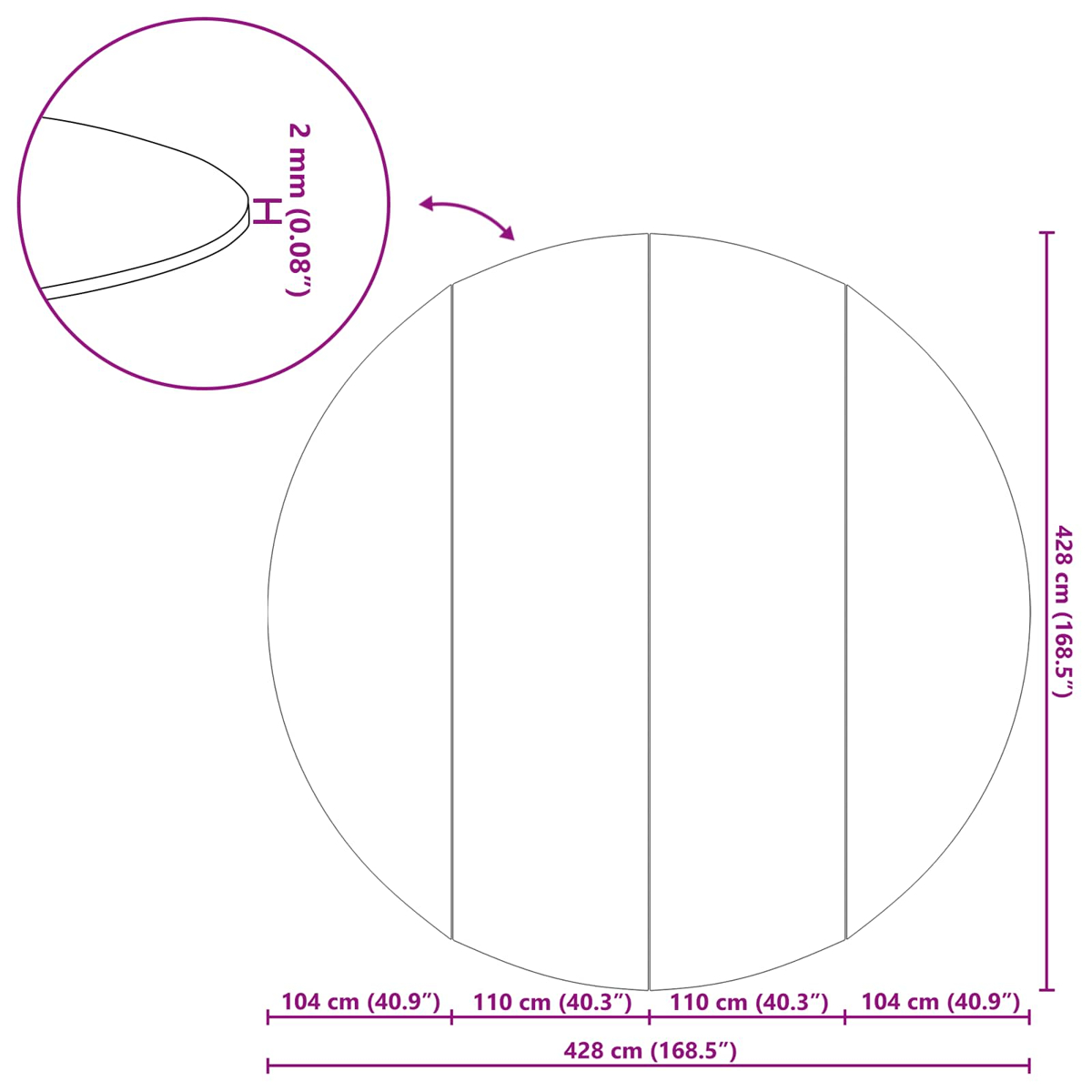 Kreisschema mit Maßen: 428 cm Gesamtdurchmesser, 2 mm Dicke.