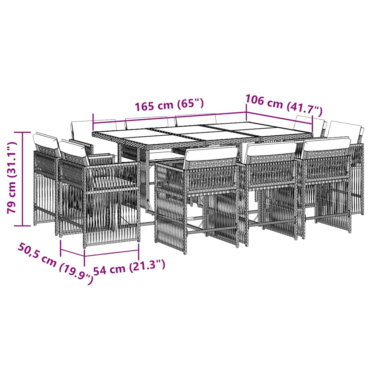 Set da pranzo in rattan con tavolo (165x106cm) e 8 sedie.