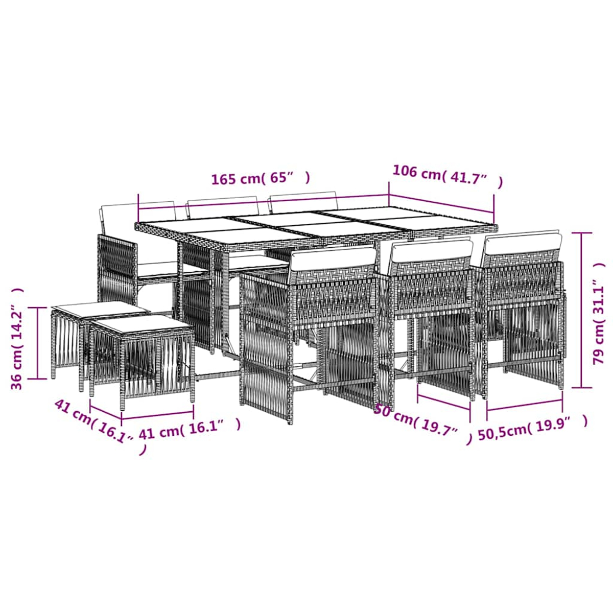 Set da giardino in vimini con tavolo, sedie e sgabelli, con dimensioni.
