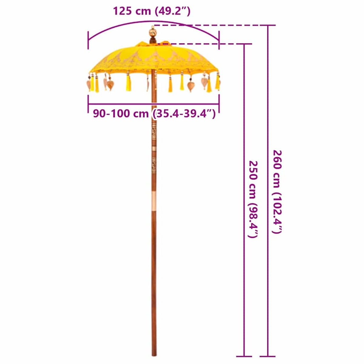 Gelber Sonnenschirm mit Quasten, Maße: 260 cm hoch, 125 cm breit.