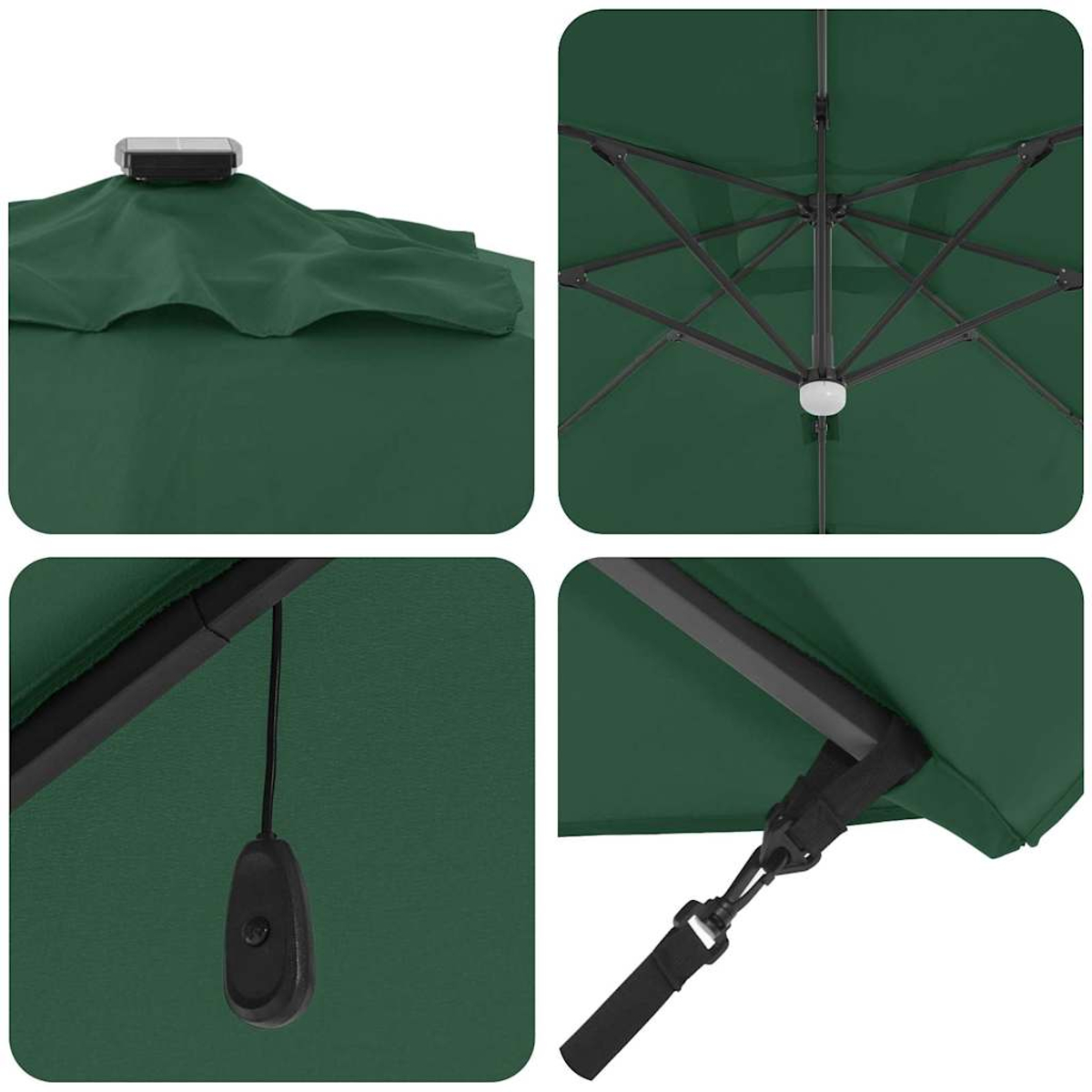 Viste ravvicinate di un ombrellone verde scuro con luce solare, stecche e cordicella.