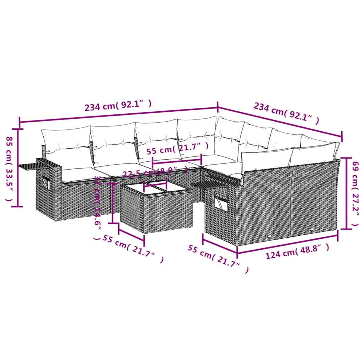 Diagrama de un juego de sofá modular para exteriores con dimensiones. El sofá es de mimbre gris oscuro con cojines blancos.