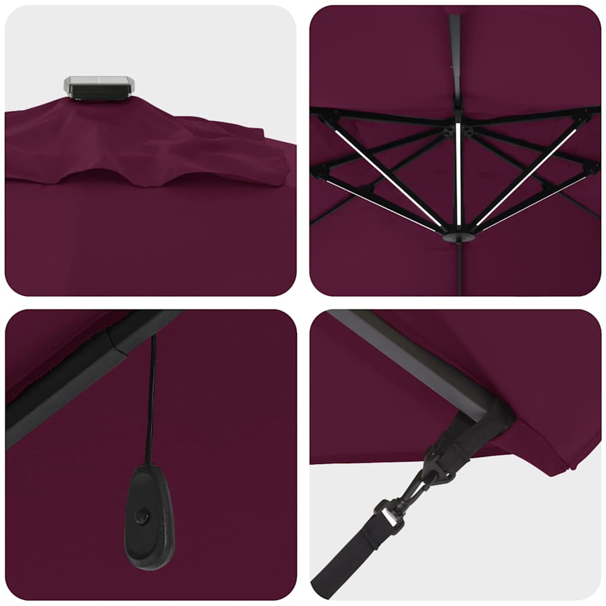 Nahaufnahme eines violetten Sonnenschirms mit Solarpanel oben und integrierten Lichtern.