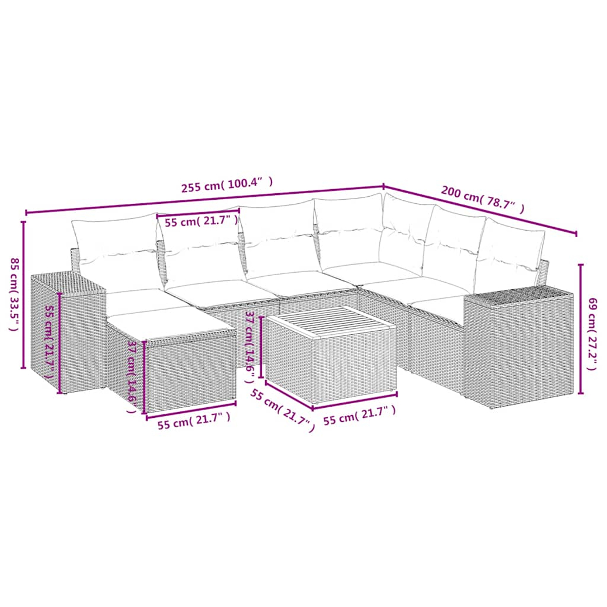 Geflecht-Lounge-Set mit Maßen: 255 cm L, 200 cm L, 85 cm H, 69 cm H.