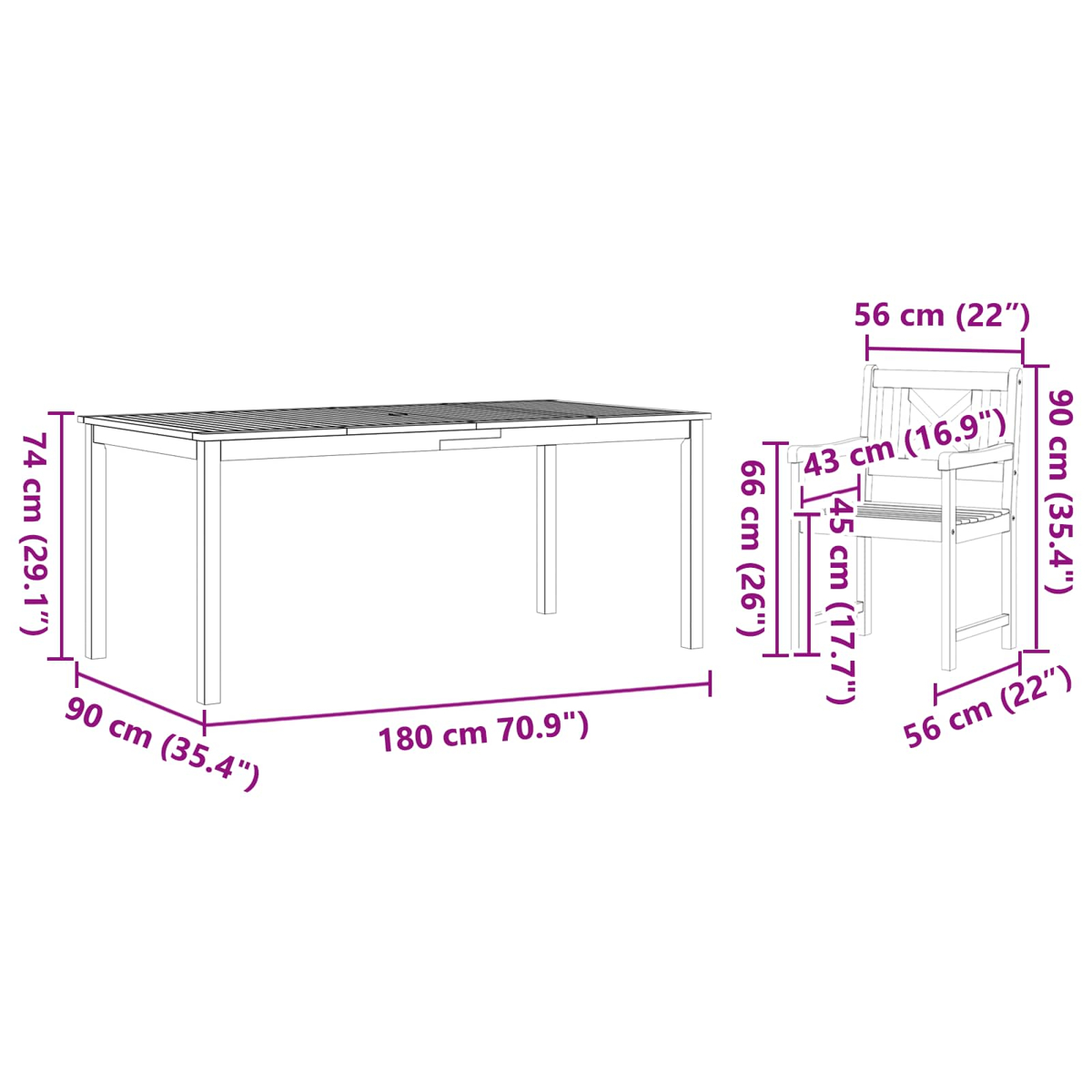 Conjunto de muebles de exterior con mesa y silla, con medidas.