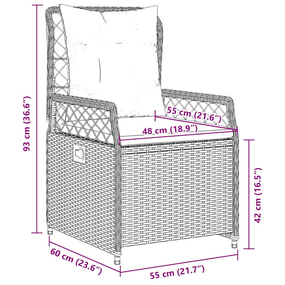 Geflochtener Sessel mit Maßen: 93x60x55cm. Sitzmaße: 48x55cm. Höhe: 42cm.