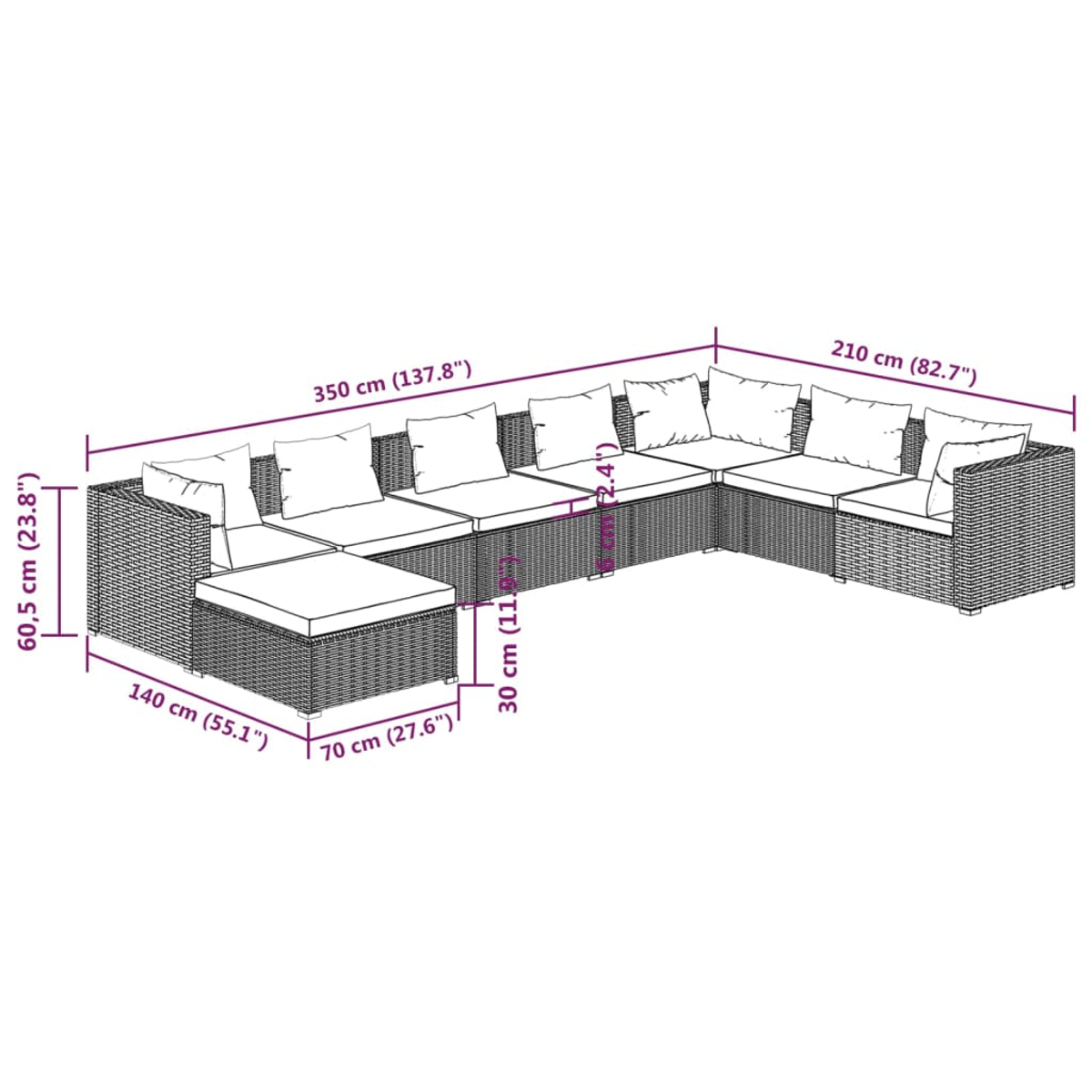 Braune Lounge-Ecke mit weißen Kissen, Maße sind angegeben.