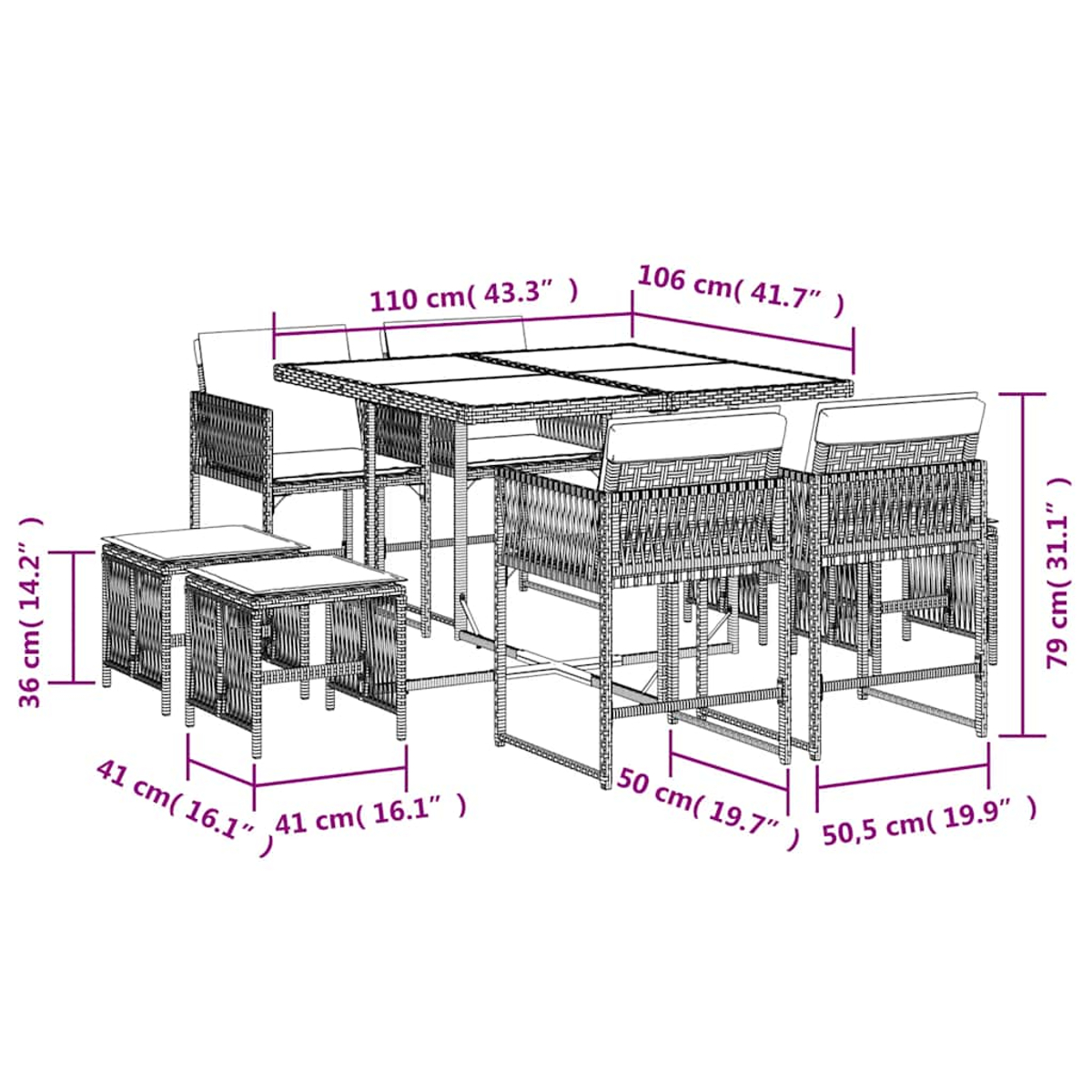 Set di mobili da giardino in rattan con tavolo e sedie, con dimensioni.