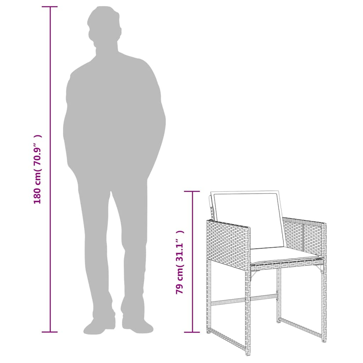 Un hombre de 180 cm junto a una silla de ratán de 79 cm con cojines.