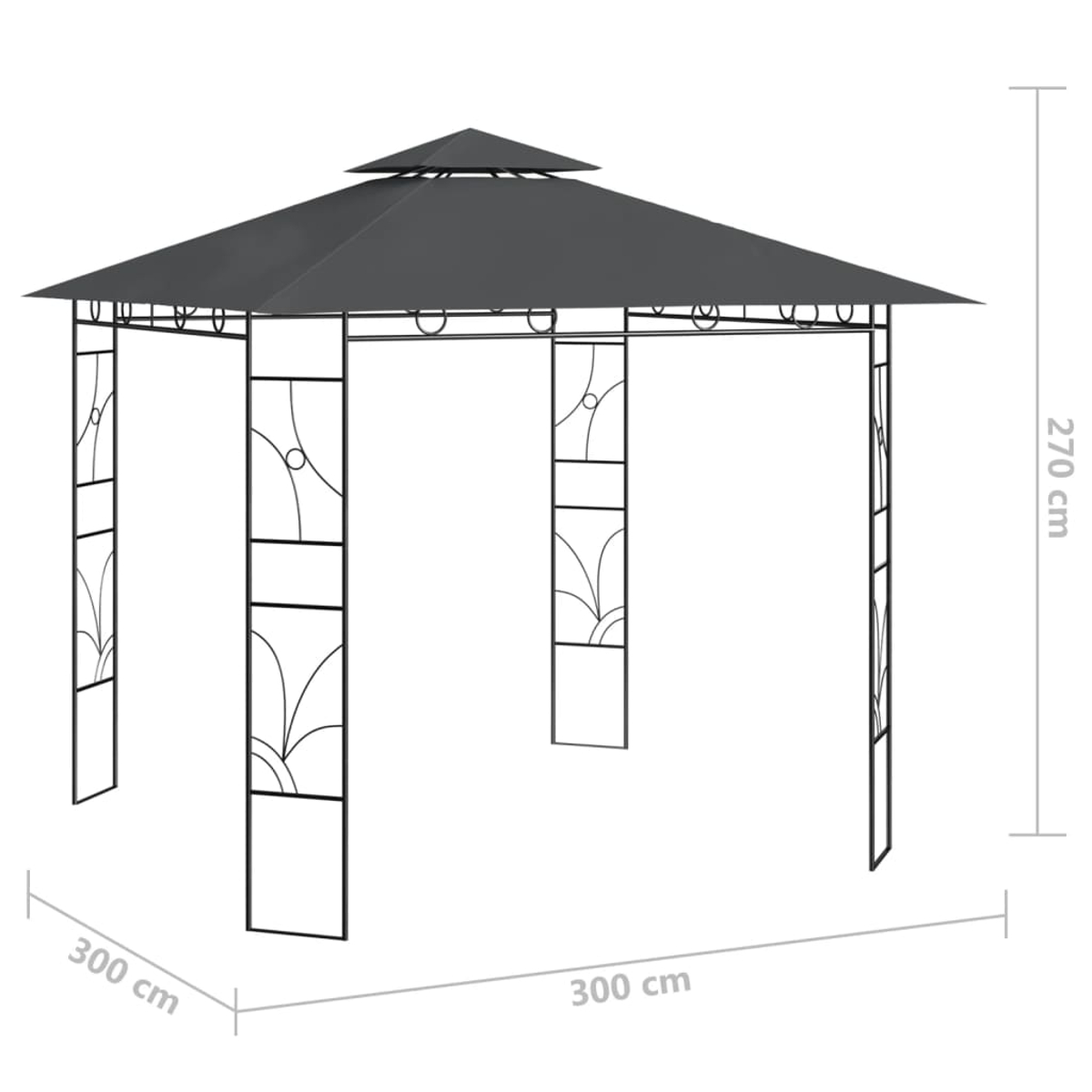 Dunkelgraues Pavillon mit Ornamenten und Maßen 300x300x270cm.