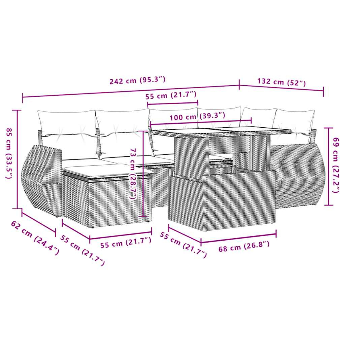 Geflochtenes Ecksofa und Tisch mit Maßen. Gesamt 242x85x69cm. Tisch 100x55x69cm.