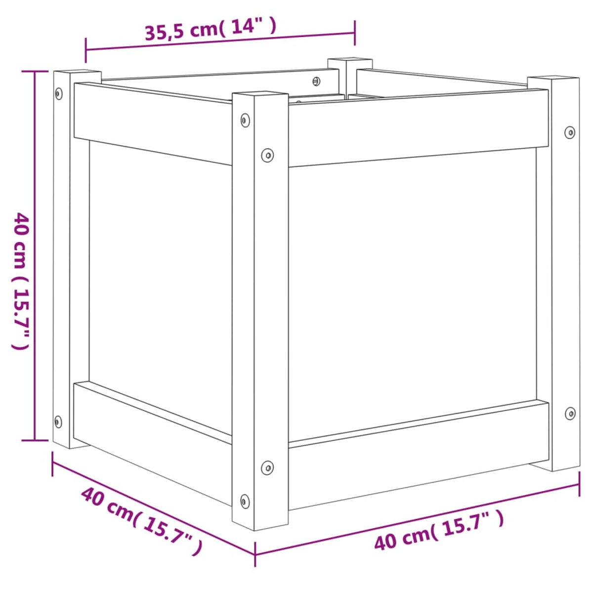 Ein schematischer Umriss eines Holzkastens mit Maßen: 40 cm Höhe, 35,5 cm Breite und 40 cm Tiefe.