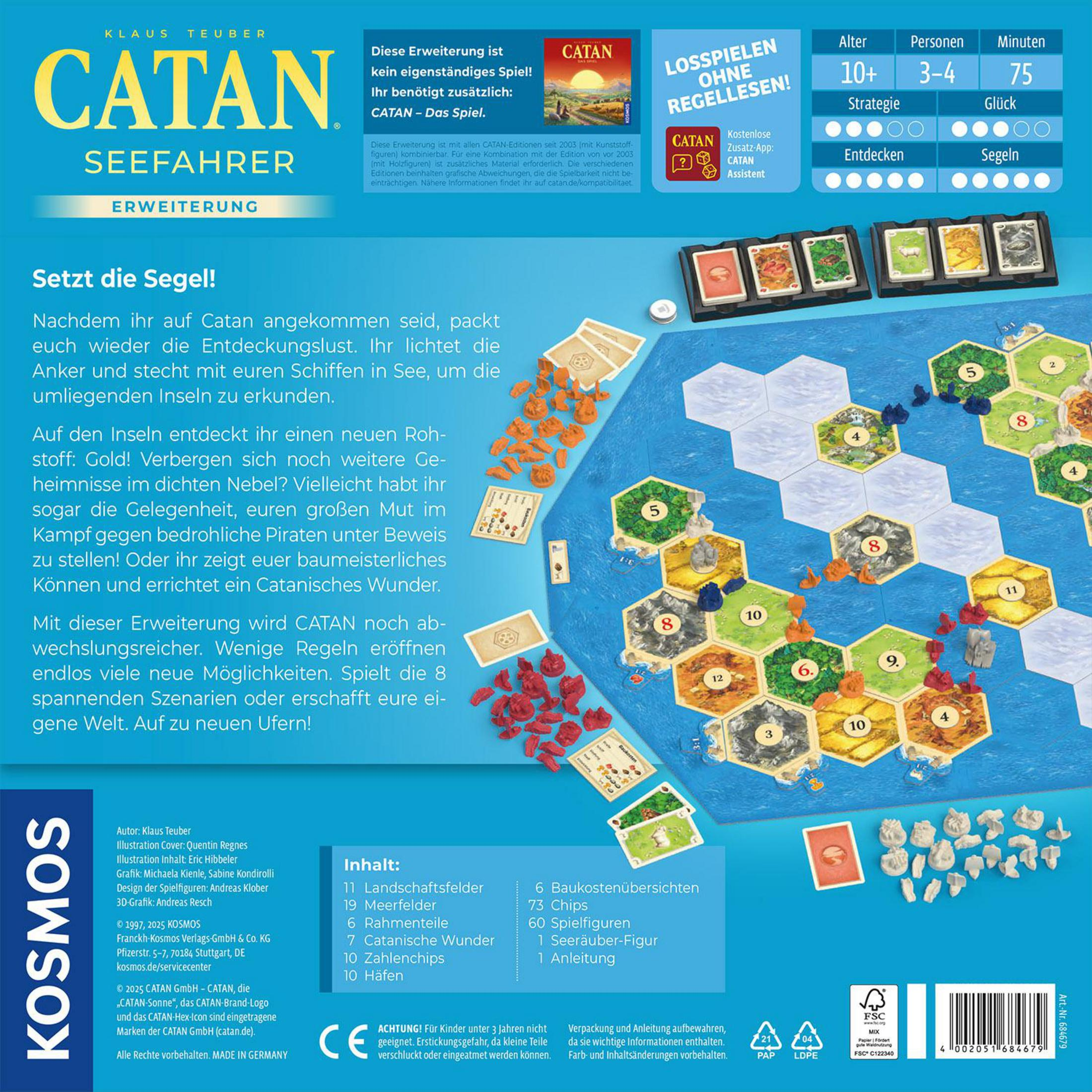 Brettspiel-Erweiterung 'Seefahrer' für Catan mit Spielbrett, Figuren und Karten.