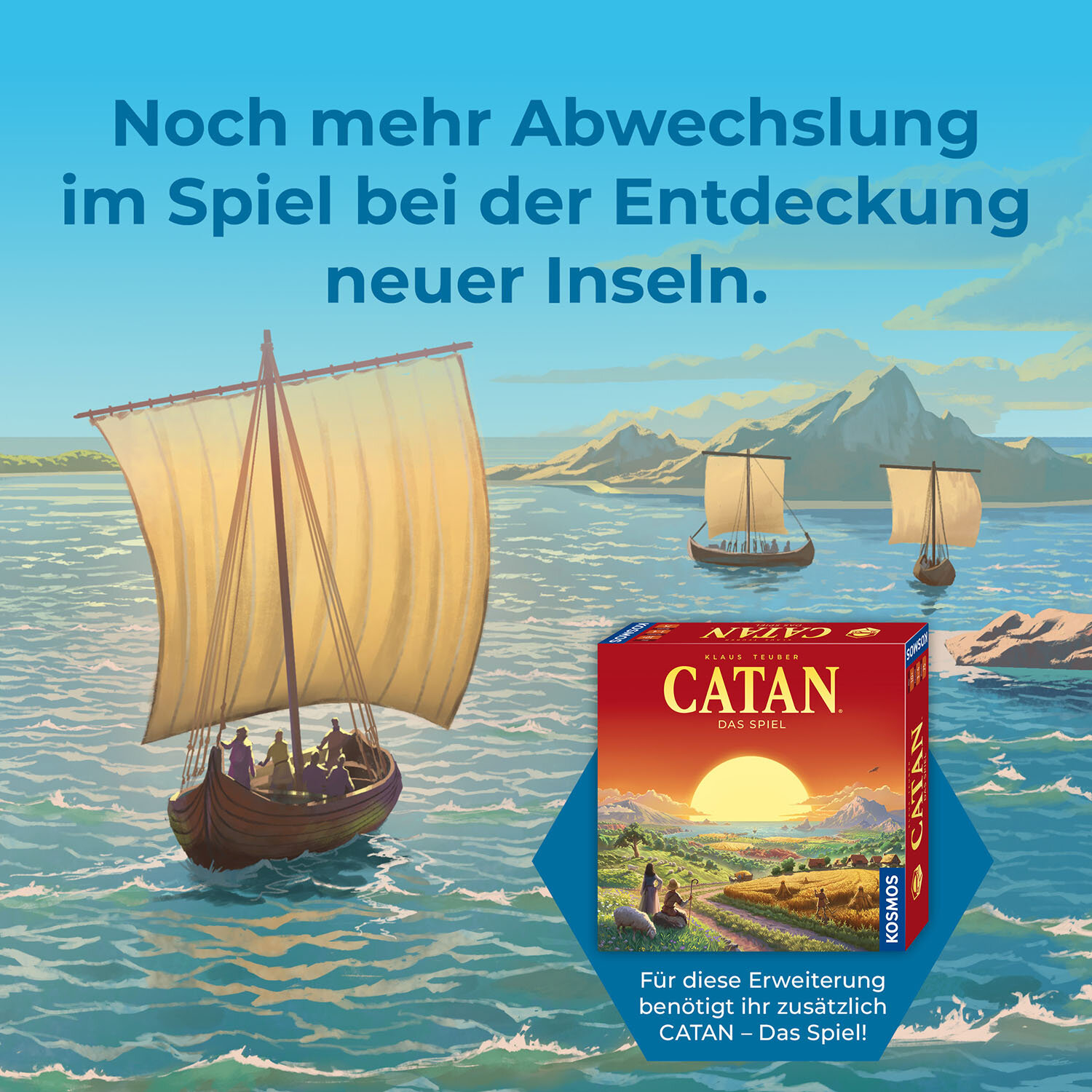 Drei Schiffe mit Segeln auf dem Meer, eine Catan-Spielbox im Vordergrund.