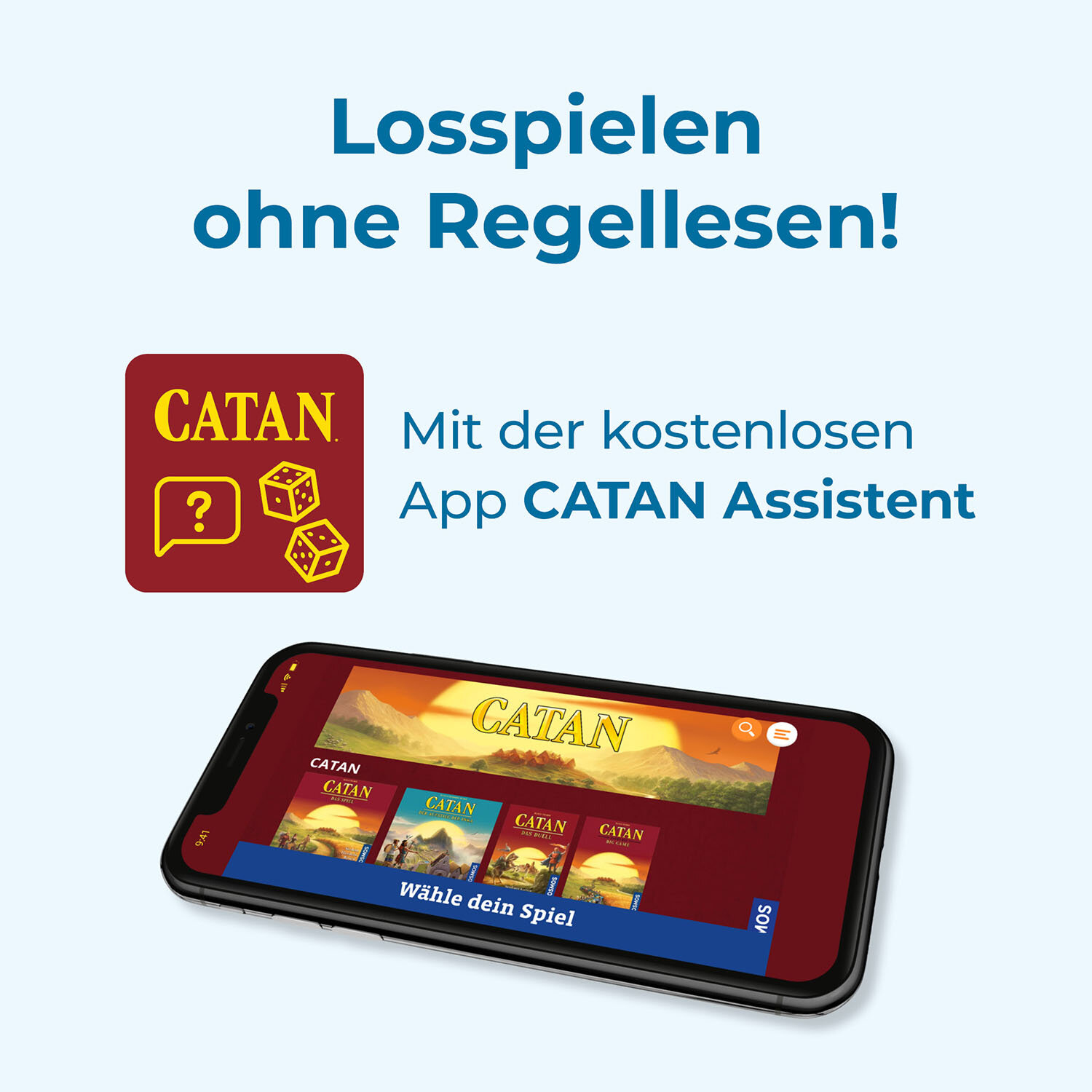 Ein Smartphone zeigt die CATAN App mit Spielauswahl und Würfeln.