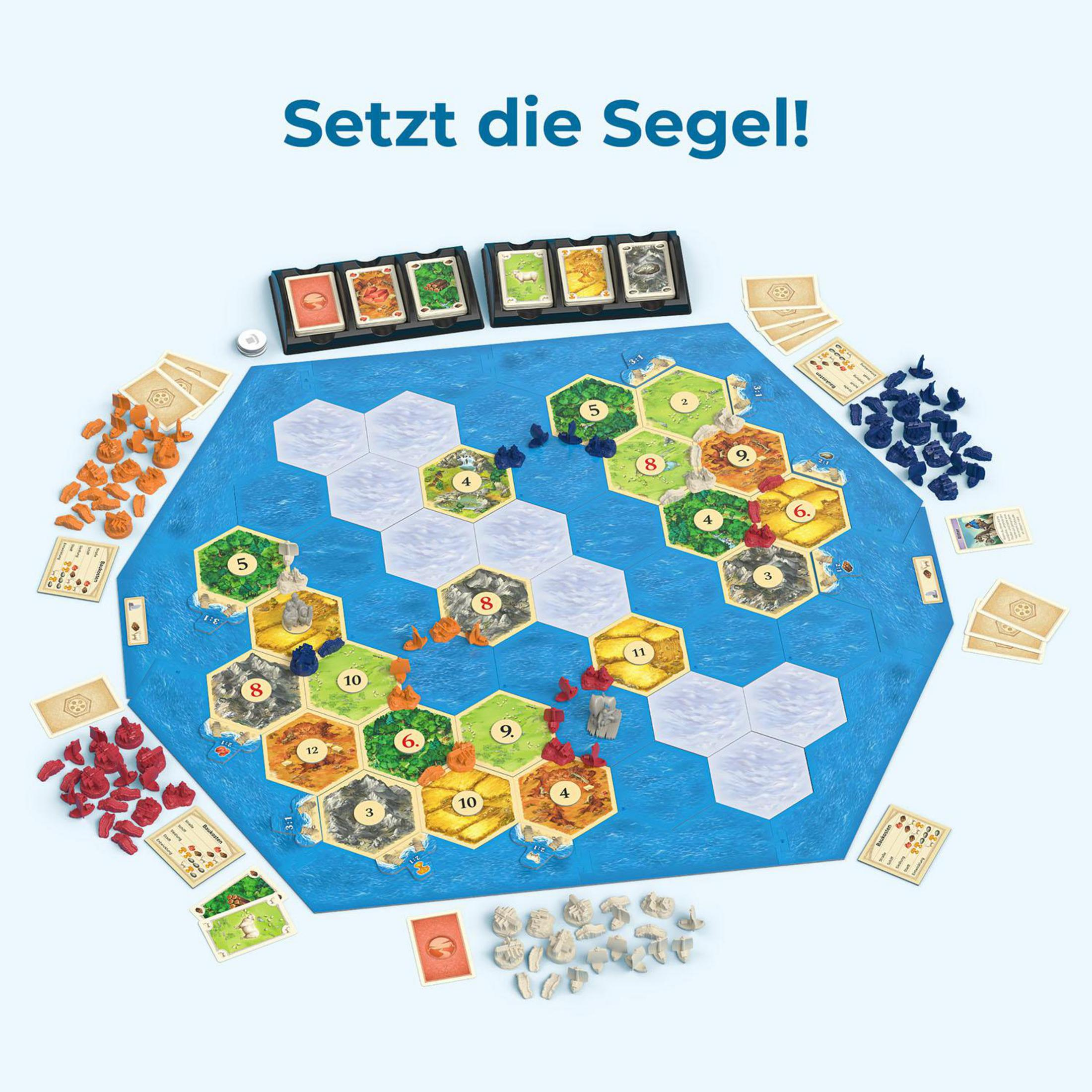 Siedlungsspiel mit Sechseckfeldern, Karten, Figuren und Würfeln auf blauem Grund.