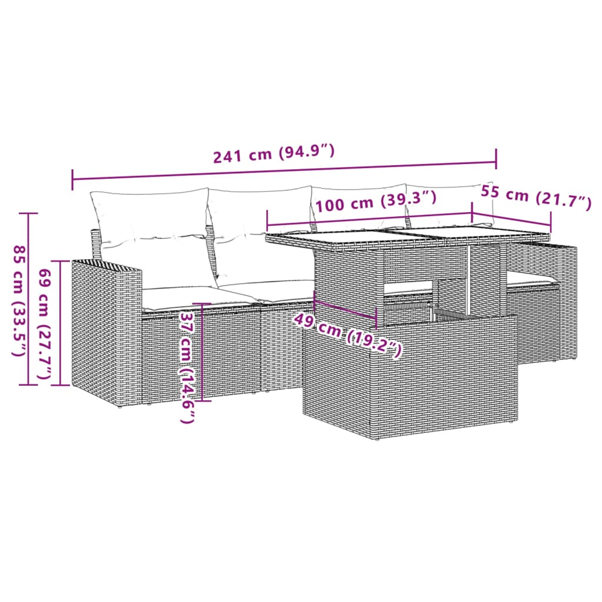 Geflochtenes Lounge-Set mit Tisch und Sofa mit Maßen.