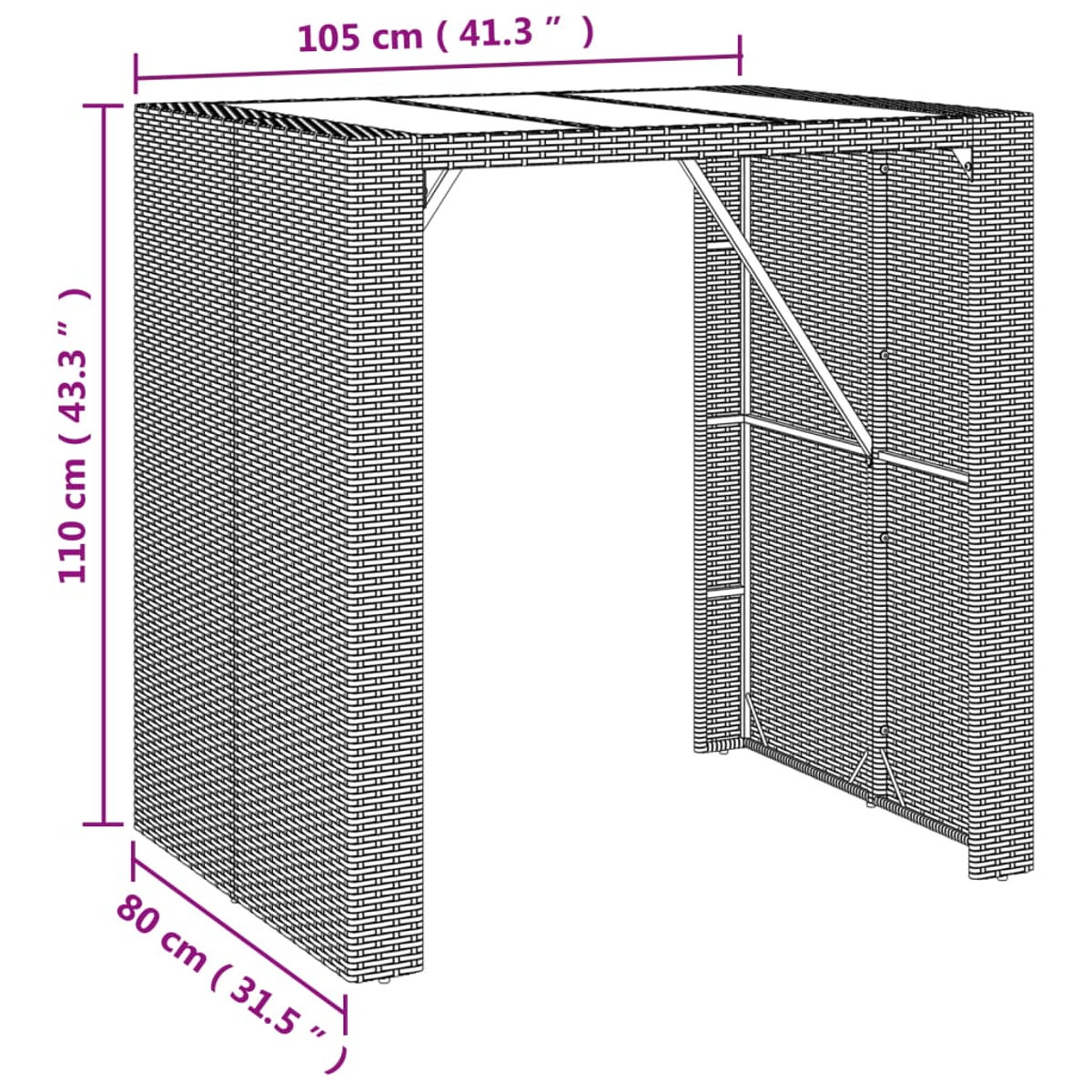 Geflechtstruktur mit Maßen: 105cm B, 80cm T, 110cm H. Offene Vorderseite.