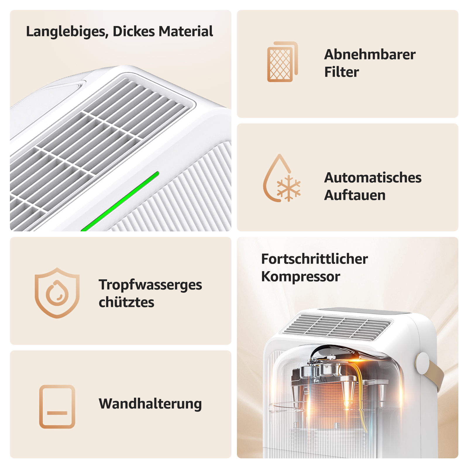 Details eines Luftentfeuchters: abnehmbarer Filter, automatisches Abtauen, Tropfwasserschutz, Wandhalterung, Kompressor.