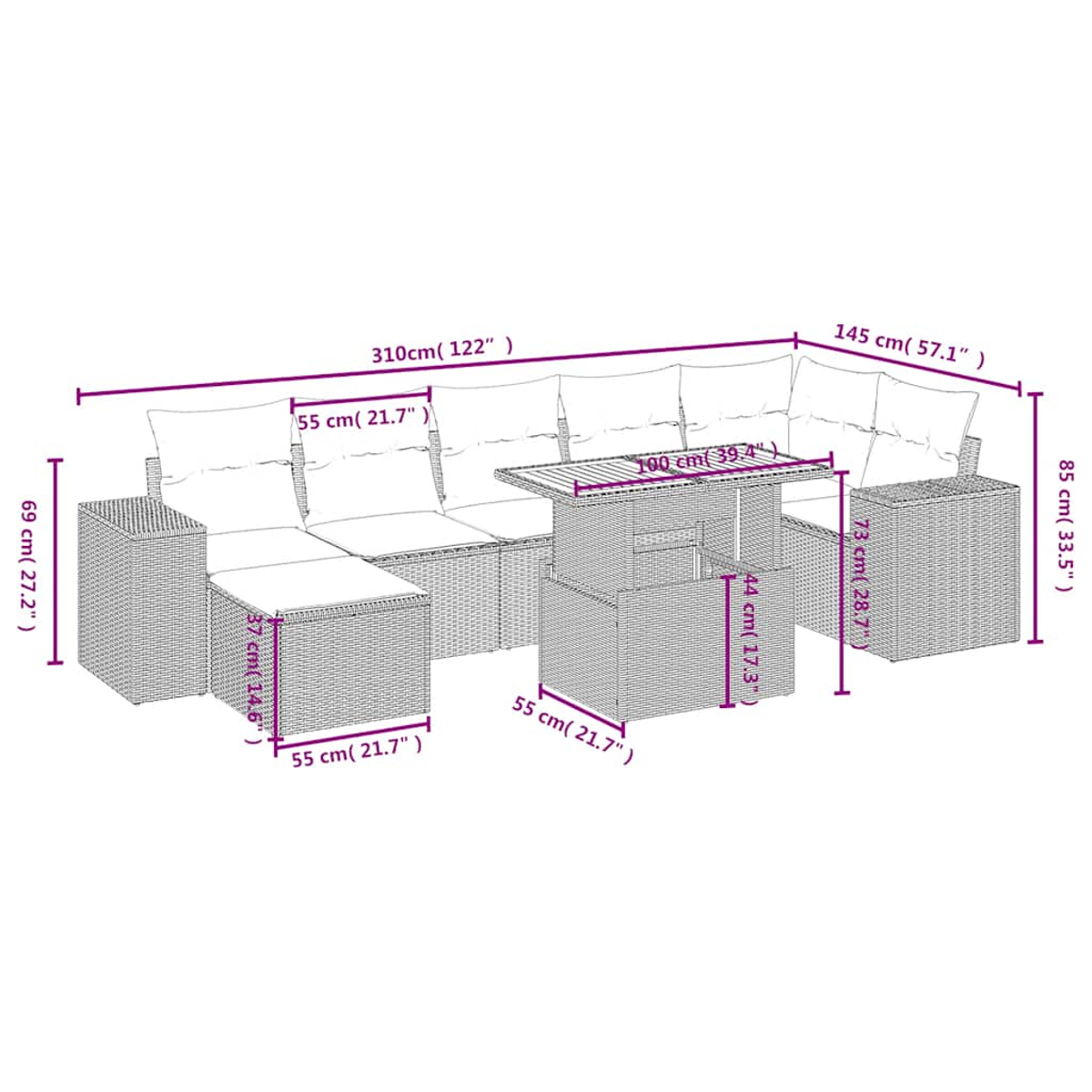 Geflecht-Lounge-Set mit Tisch, Maße angegeben.