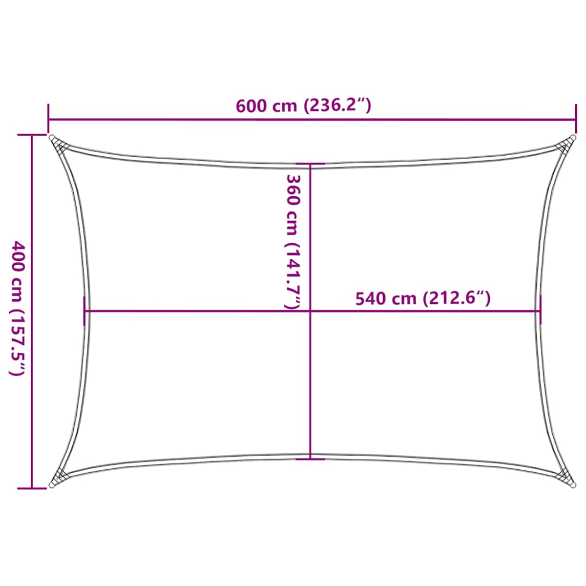 Diagramm eines rechteckigen Sonnensegels mit Maßen: 600cm x 400cm.