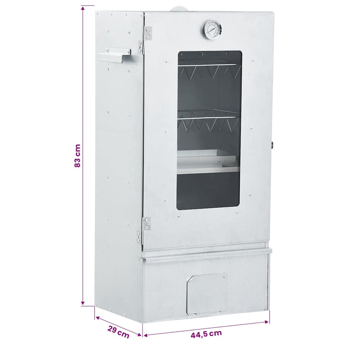 Un affumicatore argentato con finestra in vetro, dimensioni 83x44,5x29 cm.