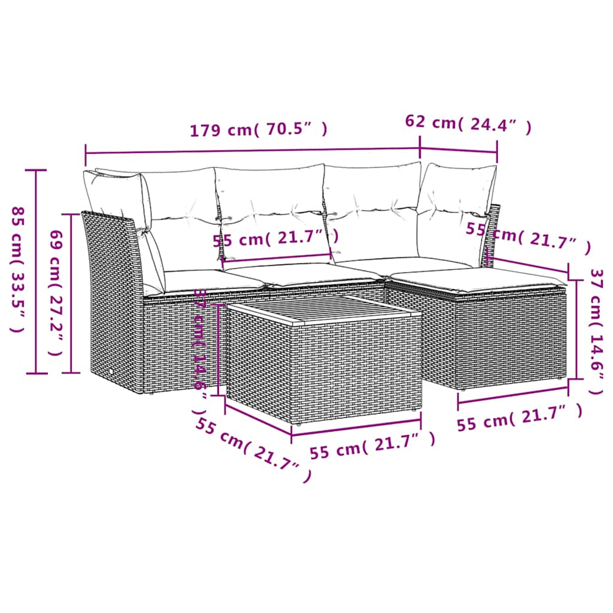 Geflochtenes Loungeset mit Maßen, bestehend aus Ecksofa und Tisch.