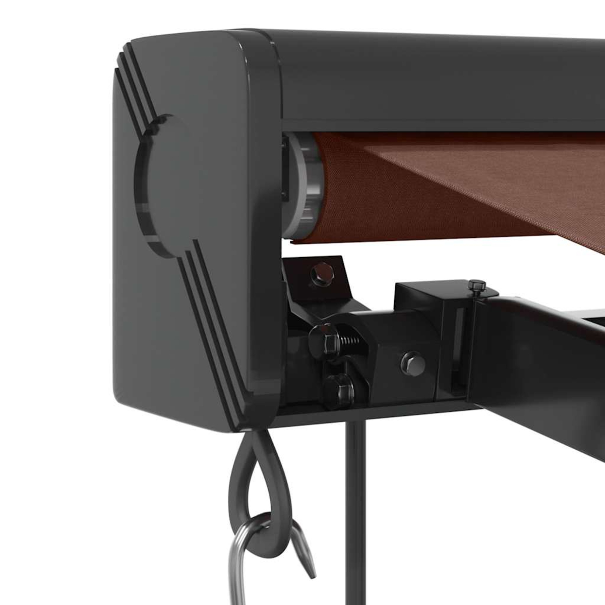 Un braccio di tenda scuro con tessuto marrone e un gancio.