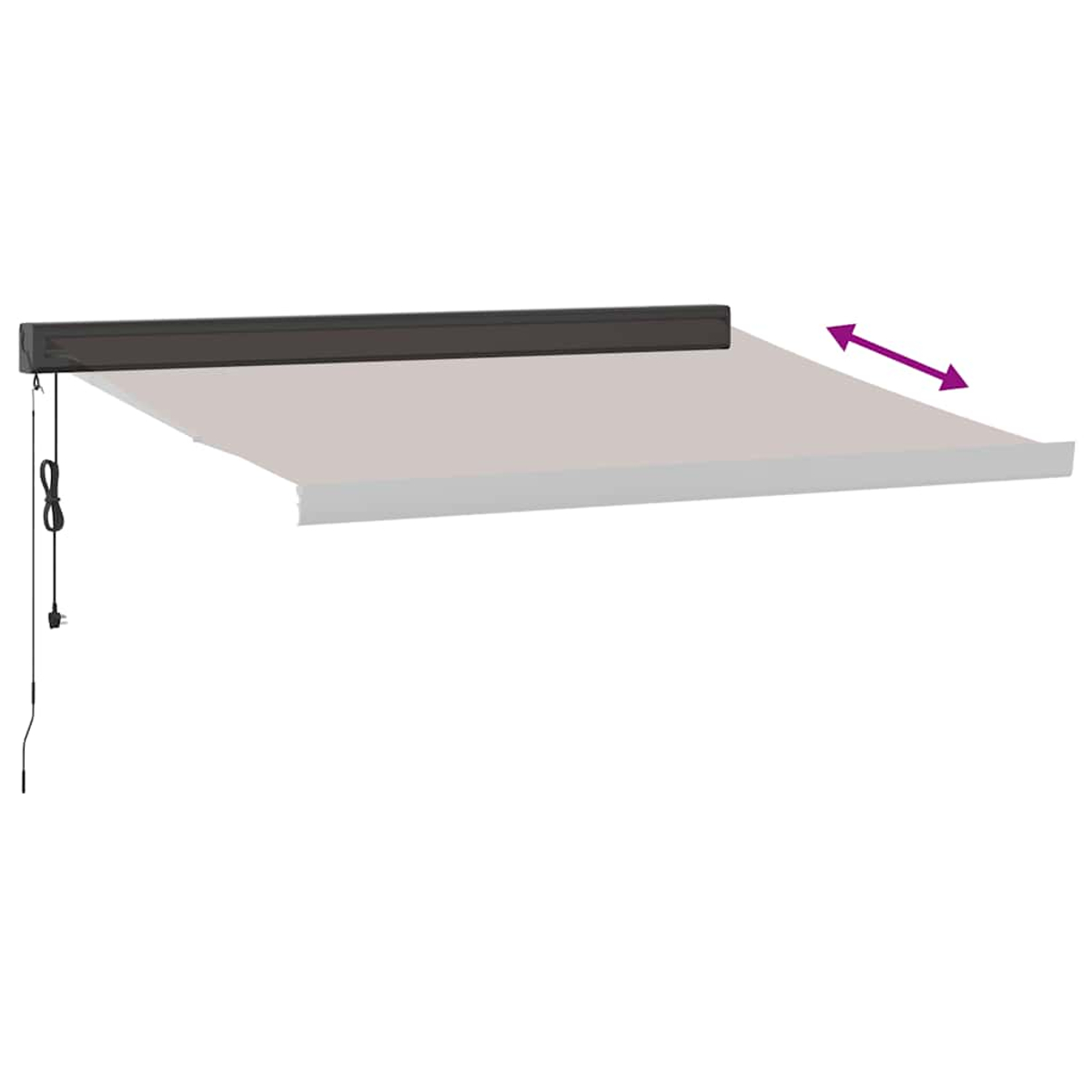 Una tenda da sole retrattile con alloggiamento scuro e tessuto color crema.