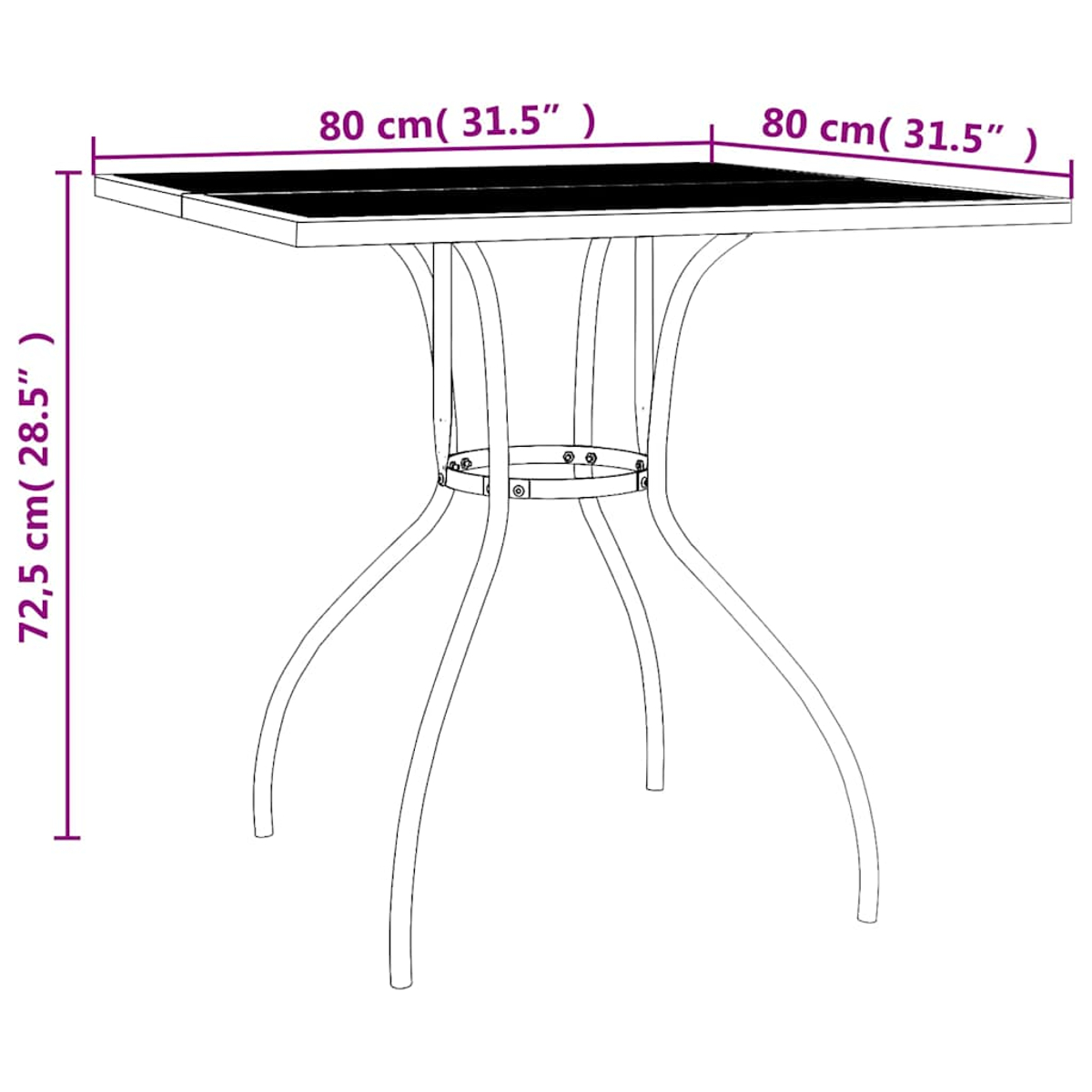 Ein rechteckiger Tisch mit vier geschwungenen Beinen und einem Durchmesser von 80 cm.