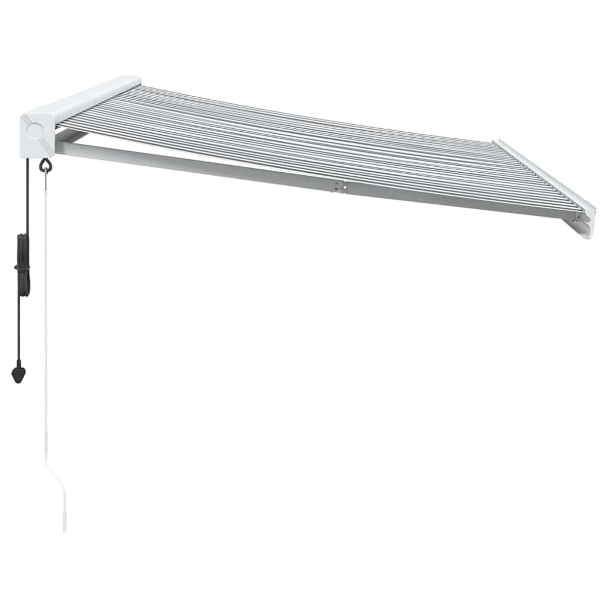 Un braccio di tenda da sole esteso con alloggiamento bianco e lamelle grigie.