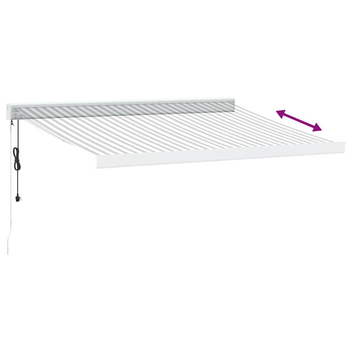 Un tessuto per tenda da sole bianco a righe grigie che si estende da una cassetta bianca. Due frecce viola indicano il movimento.