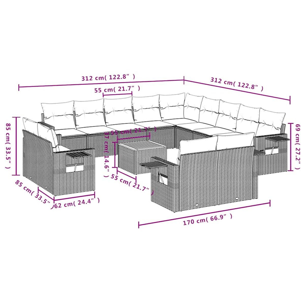 Ein modululares Outdoor-Sofa mit Kaffeetisch, Maße in cm und Zoll.