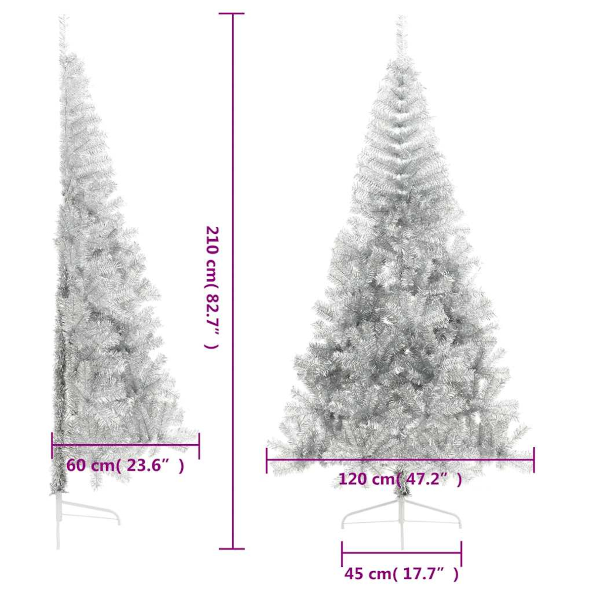 Zwei silberne künstliche Weihnachtsbäume mit Maßen.