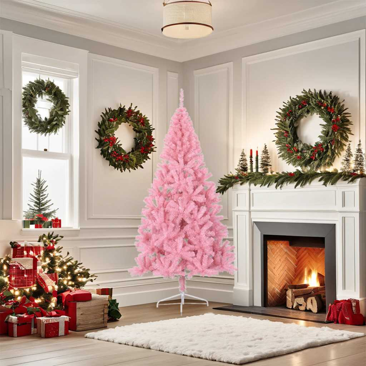 Ein rosa Weihnachtsbaum steht im Wohnzimmer neben einem Kamin mit Feuer.