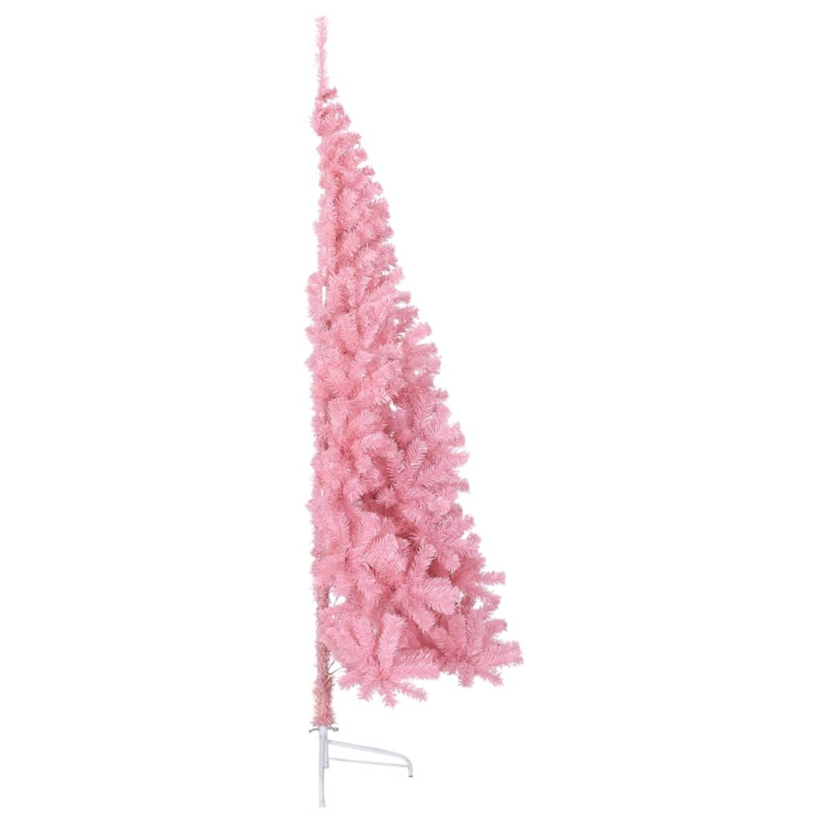 Ein langer, schmaler, rosa Weihnachtsbaum mit einem weißen Metallständer.