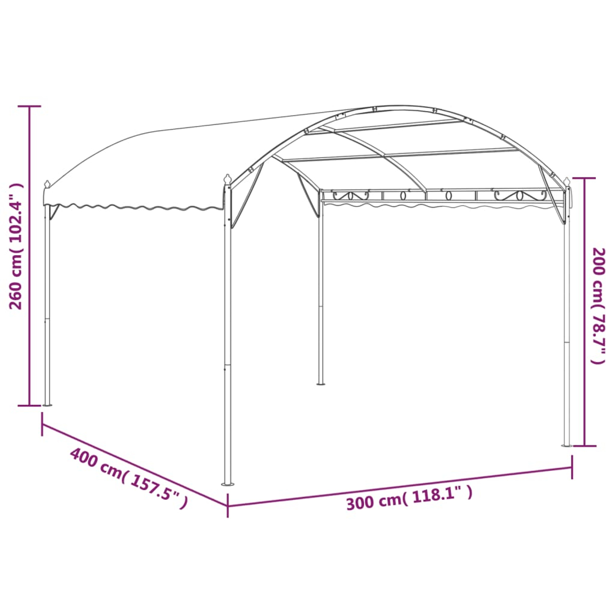 Eine Skizze eines Pavillons mit Maßen: Höhe 260 cm, Breite 400 cm, Tiefe 300 cm.