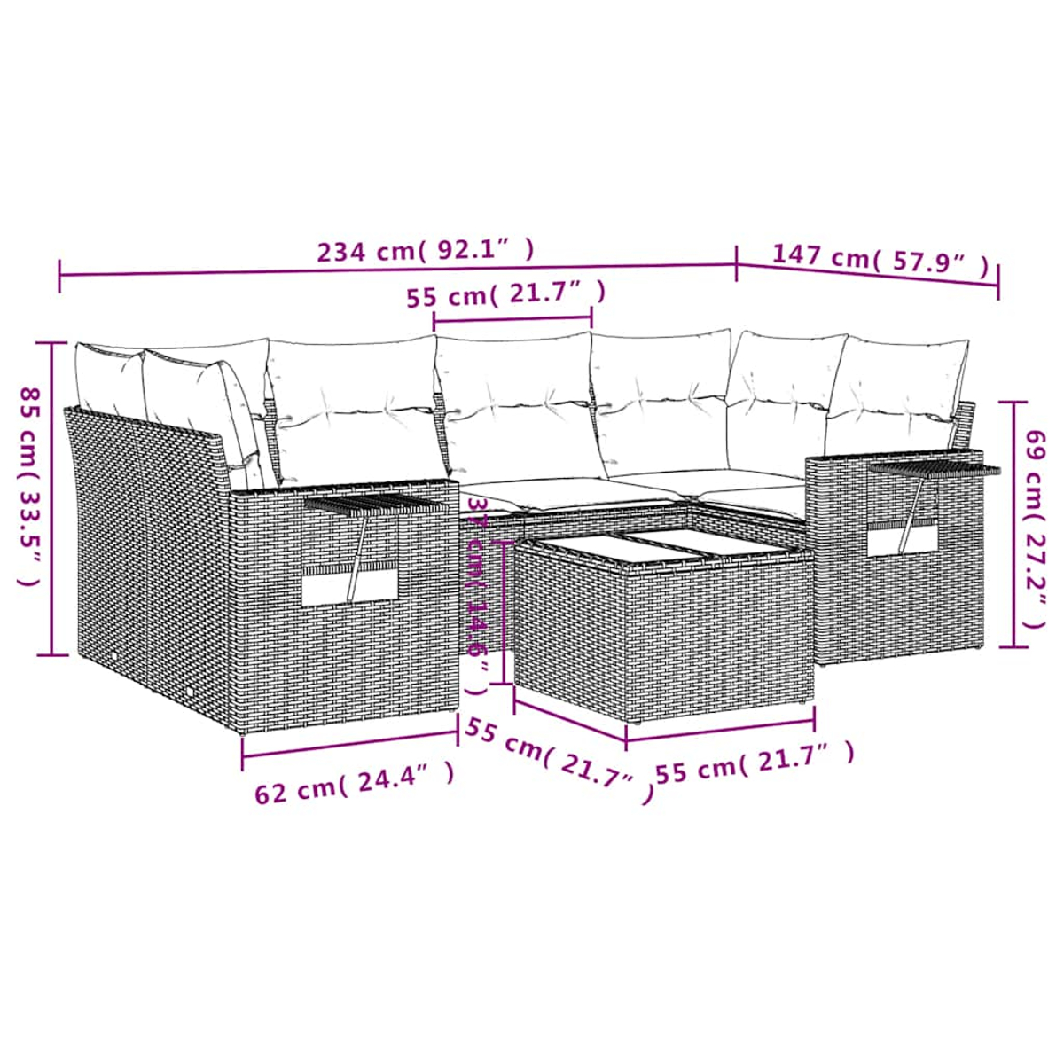 Rattan-Lounge-Set mit weißen Kissen und Maßen in cm und Zoll.