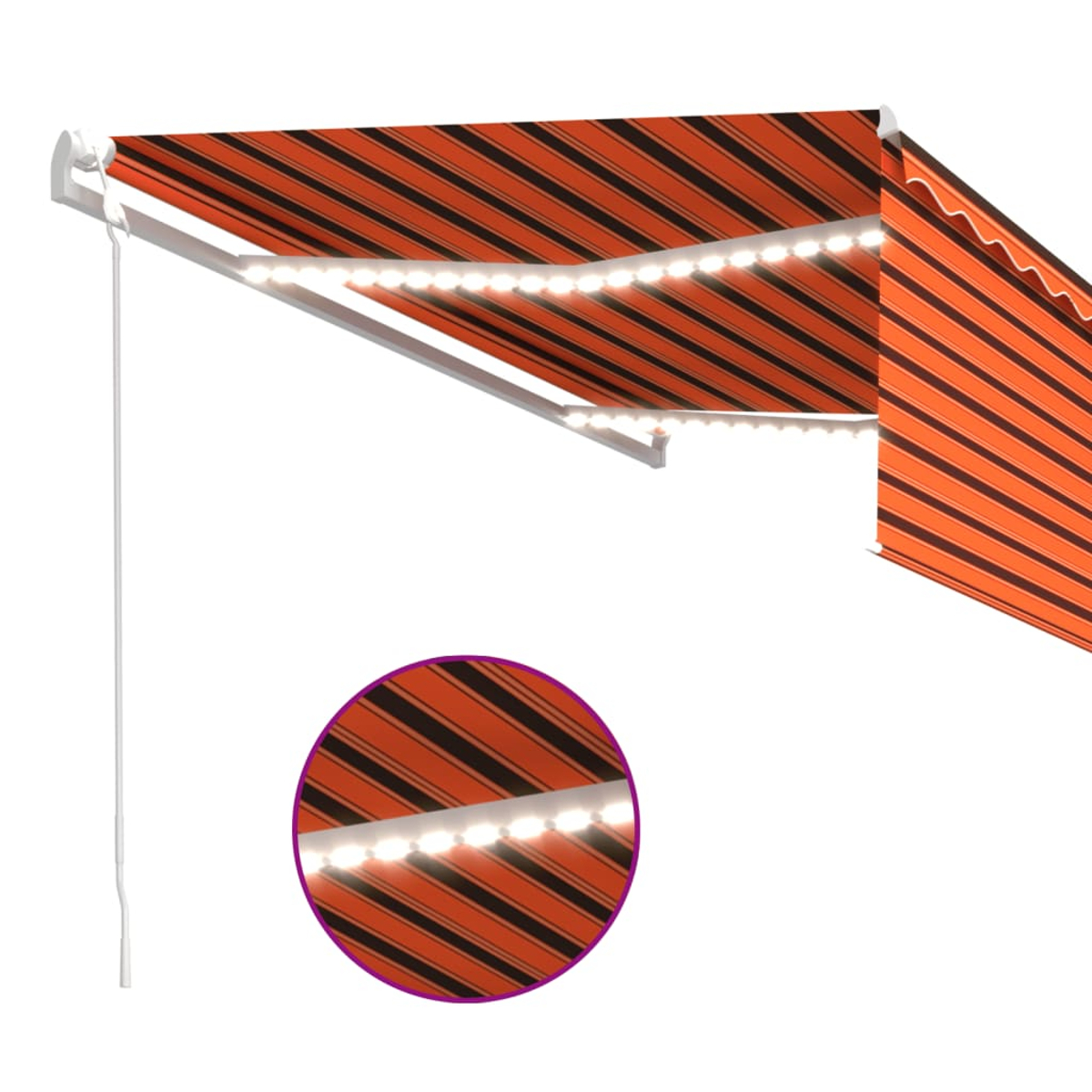 Ein ausfahrbarer Markise mit orange-schwarzen Streifen und LED-Beleuchtung.