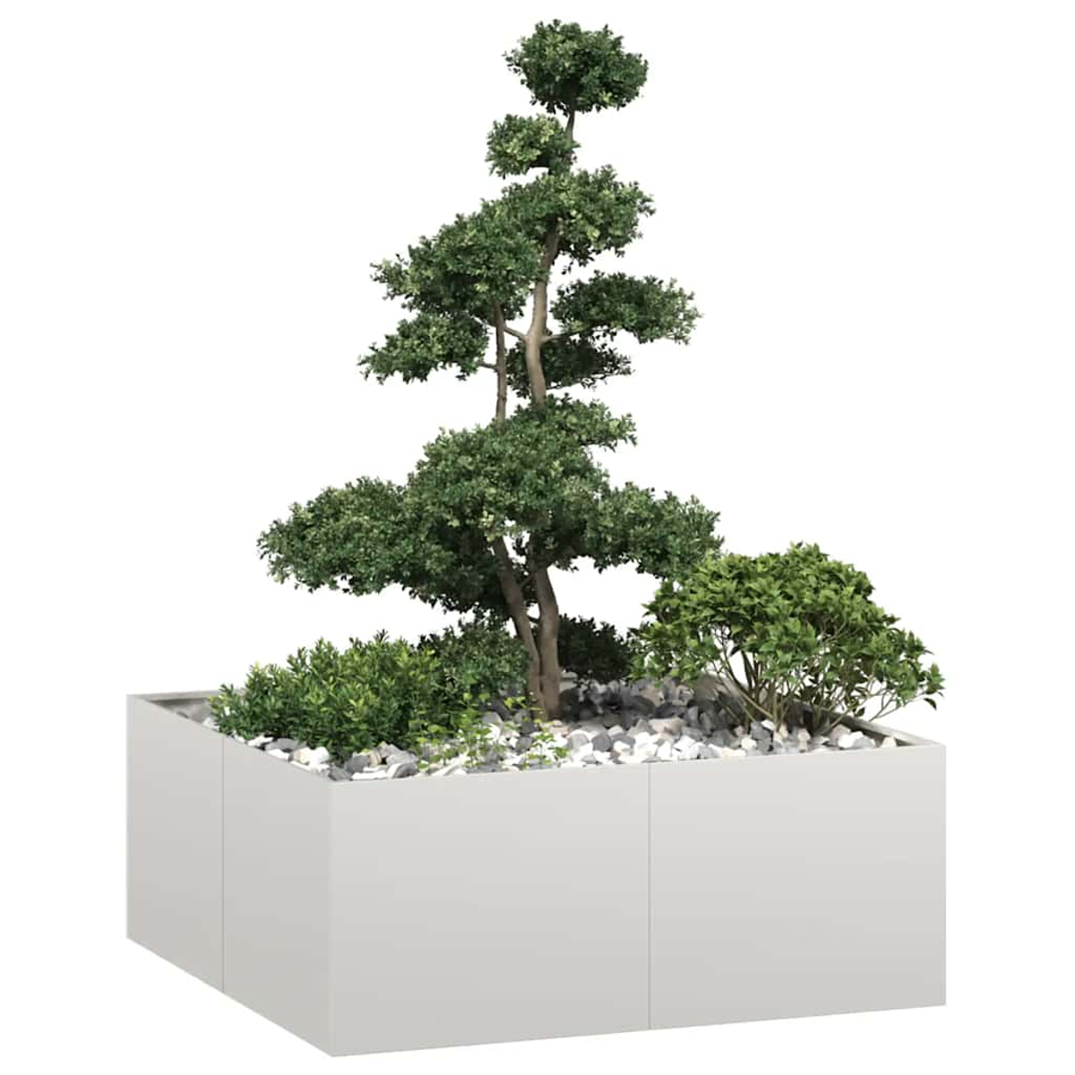 Un albero decorativo in un fioriera rettangolare bianca con pietre e cespugli.