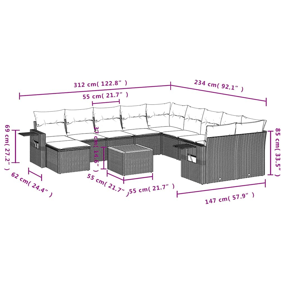 Diagrama de un sofá modular grande para exteriores con dimensiones. Es de mimbre gris con cojines blancos.