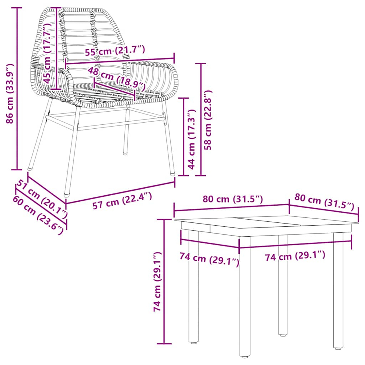 Zeichnung eines Stuhls und Tisches mit Maßen. Stuhl: 86cm H, 55cm B. Tisch: 80cm B, 74cm H.