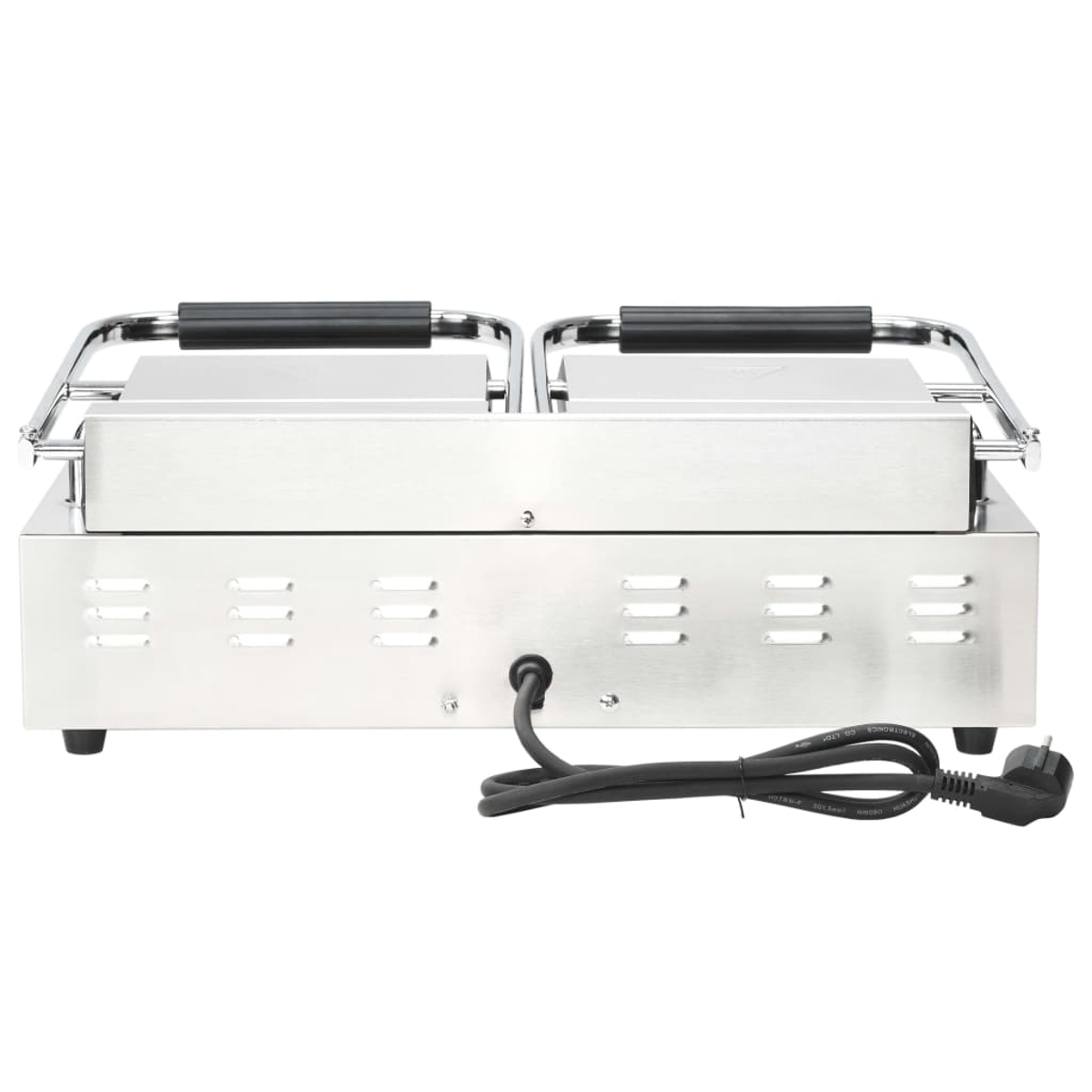 Glänzende Doppel-Panini-Grill aus Edelstahl mit schwarzen Griffen und schwarzem Kabel.