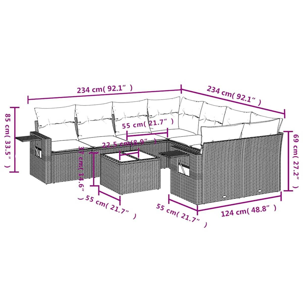 Diagramm eines Rattangeflecht-Ecksofas mit Maßen. Weiße Kissen.