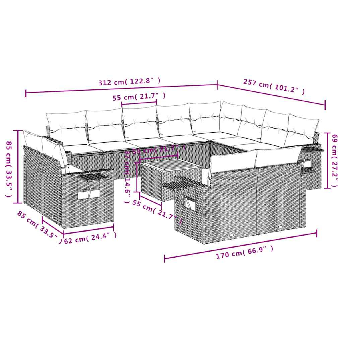Geflochtenes Ecksofa mit Kissen und Tisch, Maße in cm und Zoll.