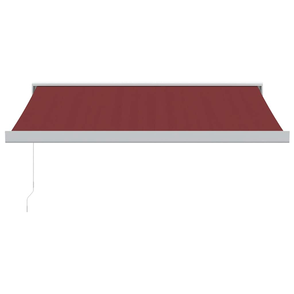 Una tenda da sole rosso scuro con telaio argentato e una corda sottile appesa.