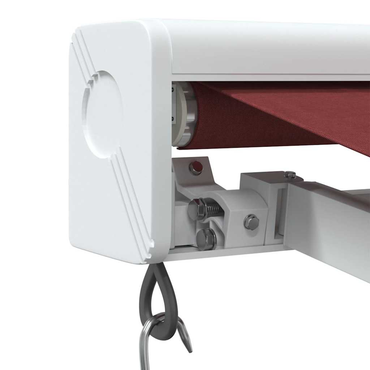 Primo piano di un involucro di tenda da sole bianco con tessuto rosso e raccordi metallici.