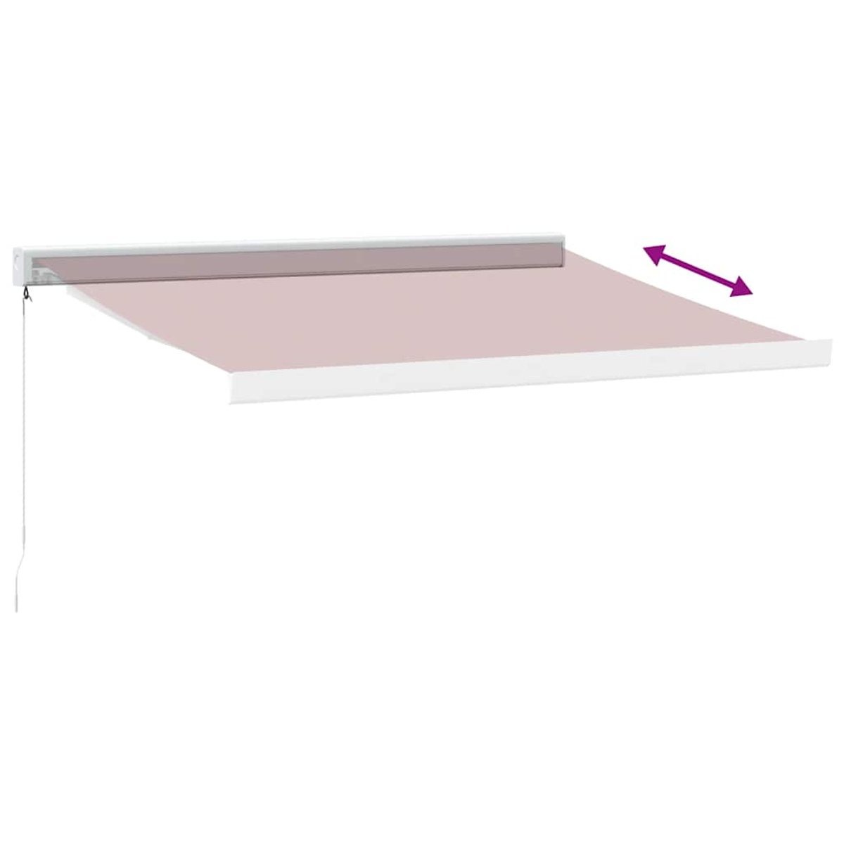 Una tenda da sole estesa, rosa chiaro, con telaio bianco e simbolo a doppia freccia.